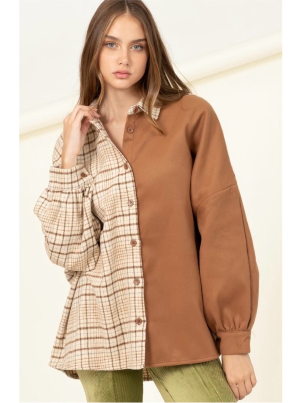 Two-Tone Brown Plaid Button-Up Shacket